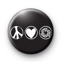Black and White Peace Love Recycle Badges