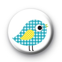 Blue Gingham Pattern Bird Button Badge